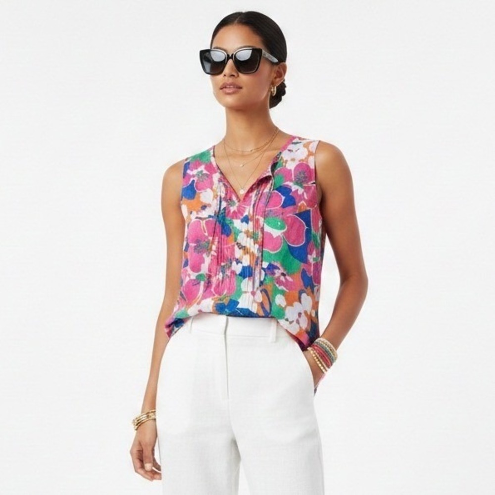 Talbots Pintuck Top Pink Floral 100% Cotton Sleeveless Split Neck Colorful Sz M